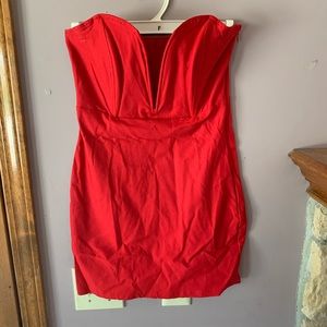 Red, strapless, mini dress